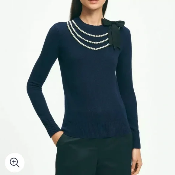 BROOKS BROTHERS Navy Sweater with Pearl Detail wool NWT